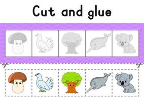 Cut and glue. Color activity worksheet for kids. Game for children. Cartoon character. Vector illustration.