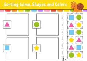 Sorting game. Shapes and colors. Cut and glue. Education developing worksheet. Game for kids. Color activity page. Puzzle for children. Cute character. Vector illustration. cartoon style.