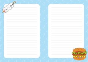 Colored sheet template for notes. Paper page for journal, notebook, diary, letters, schedule, organizer. Cute cartoon character. Lined sheet. Vector illustration. Barbecue theme.