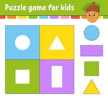 Puzzle game for kids. Cut and paste. Cutting practice. Learning shapes. Education worksheet. Circle, square, rectangle, triangle. Activity page. Cartoon character. vector