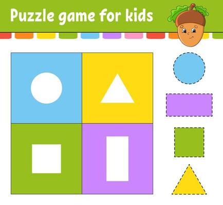 Puzzle game for kids. Cut and paste. Cutting practice. Learning shapes. Education worksheet. Circle, square, rectangle, triangle. Activity page. Cartoon character.
