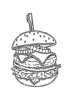 Appetizing hamburger. Black silhouette. Design element. Hand drawn sketch. Vintage style. Vector illustration isolated on white background.