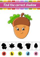 Find the correct shadow. Education developing worksheet. Activity page. Autumn theme. Color game for children. Isolated vector illustration. Cartoon character.