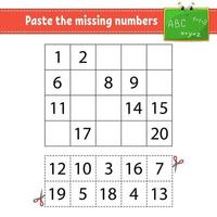 Paste the missing numbers 1-20. Game for children. Handwriting practice. Learning numbers for kids. Education developing worksheet. Activity page. Isolated vector illustration in cute cartoon style.