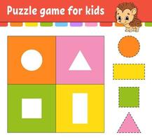 Puzzle game for kids. Cut and paste. Cutting practice. Learning shapes. Education worksheet. Circle, square, rectangle, triangle. Activity page. Cartoon character. vector