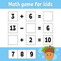 juego de matemáticas para niños. hoja de trabajo de desarrollo educativo. página de actividades con imágenes. juego para niños. Ilustración de vector aislado de color. personaje divertido. estilo de dibujos animados.