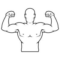 Bodybuilder strong man. Outline silhouette. Design element. Vector illustration isolated on white background. Template for books, stickers, posters, cards, clothes.