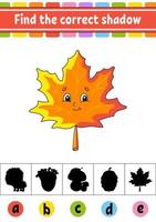 Find the correct shadow. Education developing worksheet. Activity page. Autumn theme. Color game for children. Isolated vector illustration. Cartoon character.