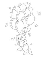 A cat in love flies on balloons. Coloring book page for kids. Valentine's Day. Cartoon style character. Vector illustration isolated on white background.