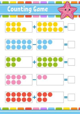 Addition and subtraction. Task for kids. Education developing worksheet. Activity color page. Game for children. Funny character. Isolated vector illustration. cartoon style.
