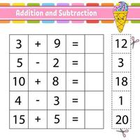 Addition and subtraction. Task for kids. Cut and paste. Education developing worksheet. Activity page. Game for children. Funny character. Isolated vector illustration. cartoon style.