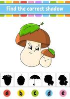 Find the correct shadow. Education developing worksheet. Activity page. Autumn theme. Color game for children. Isolated vector illustration. Cartoon character.