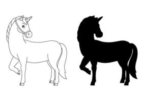 unicornio mágico de hadas. lindo caballo. silueta negra. elemento de diseño. ilustración vectorial aislado sobre fondo blanco. plantilla para libros, pegatinas, carteles, tarjetas, ropa. vector