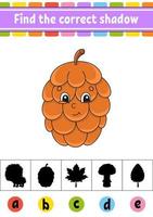 Find the correct shadow. Education developing worksheet. Activity page. Autumn theme. Color game for children. Isolated vector illustration. Cartoon character.