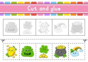 Cut and play. Paper game with glue. Flash cards. Education worksheet. Activity page. Scissors practice. Isolated vector illustration. cartoon style. St. Patrick's day.