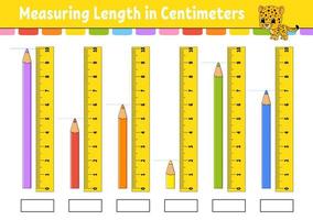 Measuring length in centimeter with ruler. Education developing worksheet. Game for kids. Color activity page. Puzzle for children. Cute character. Vector illustration. cartoon style.