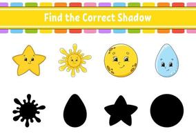 Find the correct shadow. Education developing worksheet. Matching game for kids. Color activity page. Puzzle for children. Cute character. Vector illustration. Cartoon style.