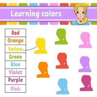 Learning colors. Education developing worksheet. Activity page with pictures. Game for children. Isolated vector illustration. Funny character. cartoon style.