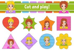 Cut and play. Logic puzzle for kids. Education developing worksheet. Learning game. Activity page. Cutting practice for preschool. Simple flat isolated vector illustration in cute cartoon style.