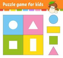 Puzzle game for kids. Cut and paste. Cutting practice. Learning shapes. Education worksheet. Circle, square, rectangle, triangle. Activity page. Cartoon character. vector