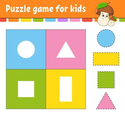 Puzzle game for kids. Cut and paste. Cutting practice. Learning shapes. Education worksheet. Circle, square, rectangle, triangle. Activity page. Cartoon character.