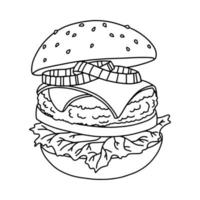 Appetizing hamburger. Outline contour. Coloring page. Design element. Vector illustration isolated on white background. Template for books, stickers, posters, cards, clothes.