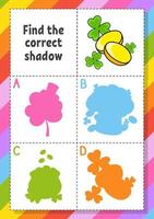 Find the correct shadow. Education developing worksheet for kids. Puzzle game. Activity page. cartoon character. Vector illustration. St. Patrick's day.