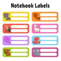 Name and address tag. For kids supplies and child clothes. Bright stickers. Rectangular label. Cute characters. Color vector isolated illustration.