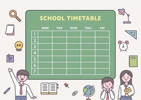 Cute student characters in front of school class time table. school icons. vector