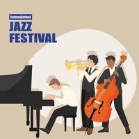 Afiche del festival de jazz con pianista, bajista y trompetista actuando. vector