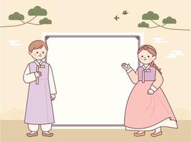 A cute couple of men and women in Korean traditional clothes are talking with a blank board in the center. vector