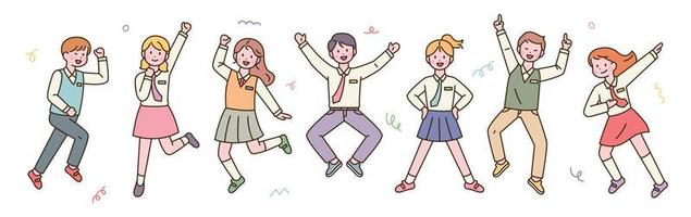 Cute students in school uniforms are jumping happily. flat design style vector illustration.