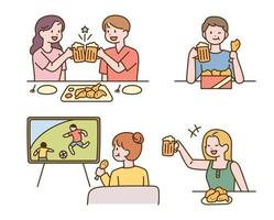 Korean chicken beer. Koreans enjoying various kinds of chicken flat design style vector illustration.