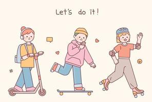 A girl wearing headphones and riding a scooter, a boy wearing a hoodie and looking at a cell phone and skateboarding, a girl wearing safety gear and roller skating.