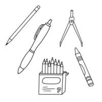 juego de papelería, bolígrafo, lápiz, lápices de colores, crayones de cera y brújula. juego de bolígrafos escolares para escribir. colección de regreso a la escuela, dibujada en un estilo de garabato en blanco y negro vector