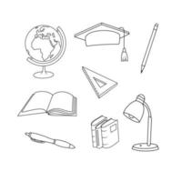 Student stationery set in doodle style. Back to School Collection. Black and white vector objects academic headdress, globe, desk lamp, books, notebook, pen, ruler triangle, pencil.