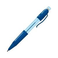 pluma mecánica azul o lápiz con icono de ilustración de vector plano de plástico transparente aislado sobre fondo blanco.