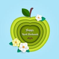 Rosh Hashanah greeting banner with symbol of Jewish New Year holiday apple and paper flowes. Paper cut vector template.