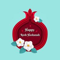 Rosh Hashanah greeting banner with symbols of Jewish New Year holiday pomegranate and paper flowers. Paper cut vector illustration template.