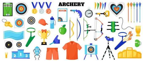conjunto de equipamiento deportivo de tiro con arco. arco, flecha, blanco, cuerda, guante, cinturón, protección, etc. juegos de verano vector