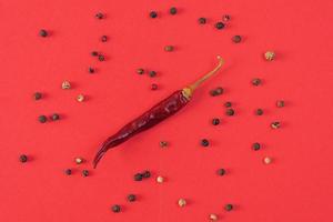 pimiento rojo seco sobre fondo rojo. textura de chiles aislados foto