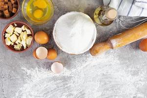 Flour and ingredients for making dough. Ingredients for baking pizza, bread, bakery photo