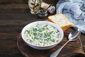 Russian traditional cold soup okroshka. Summer cold soup with yogurt and vegetables. photo