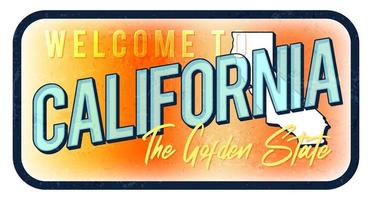 bienvenido a la ilustración de vector de letrero de metal oxidado vintage de california. mapa de estado vectorial en estilo grunge con letras dibujadas a mano tipográfica