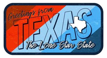 saludo desde texas ilustración de vector de letrero de metal oxidado vintage. mapa de estado vectorial en estilo grunge con letras dibujadas a mano tipográfica