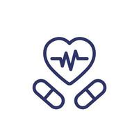 pills for heart, cardiac medication line icon vector