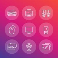 Computer peripherals icons set, display, web camera, printer, mouse, keyboard, speakers, graphic tablet in linear style vector