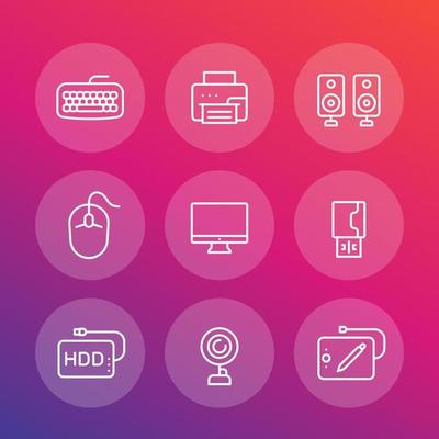 Computer peripherals icons set, display, web camera, printer, mouse, keyboard, speakers, graphic tablet in linear style