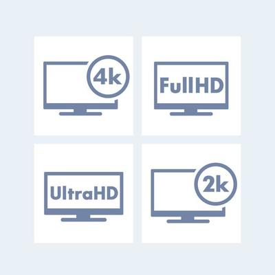 High Definition icons, tags, Full HD, Ultra HD, 2k, 4k, tv