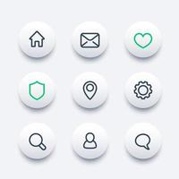Basic web linear icons set, gear, settings, login, security, favourite, contact us, profile, users, chat, mail vector